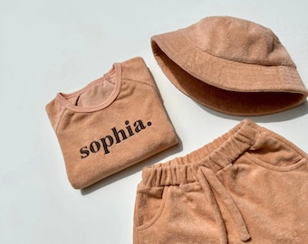 Personalized Kids Towelling Outfit: Embroidered T-shirt, Shorts & Hat