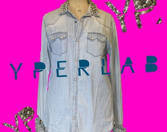 Denim shirt Size M upcycling beaded with silver balls