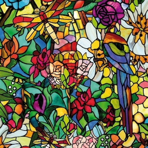 May include: A vibrant stained glass design featuring a colorful array of flowers, leaves, and insects. The artwork showcases a parrot, dragonflies, and various blooms in shades of red, blue, green, and yellow. The design is reminiscent of a garden scene.