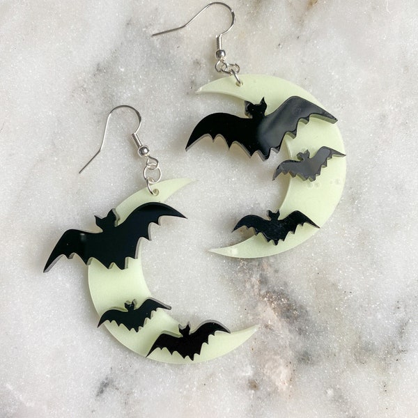 ACRYLIC BAT EARRINGS - Acrylic Drop Earrings - Glow in the dark Dangle Earring - Jewelry Earrings - Halloween Earrings - Witchy Aesthetic