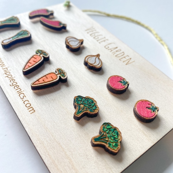 WOODEN VEGETABLE EARRINGS - Wooden Stud Earrings - Veggie Earring Stud - Jewelry Earrings - Aesthetic Earring Set - Gift - Hand Painted