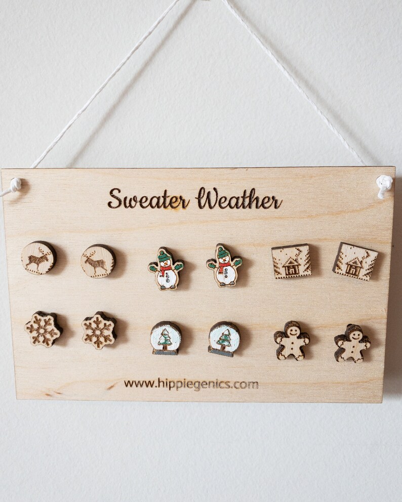 WOODEN WINTER EARRINGS Wooden Stud Earring Snowflake Etsy