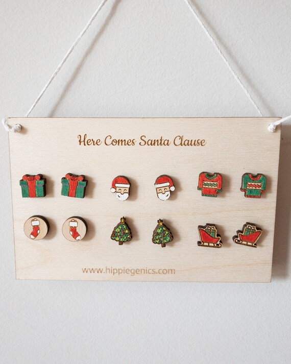 WOODEN CHRISTMAS EARRINGS Wooden Stud Earrings Santa Earring Stud