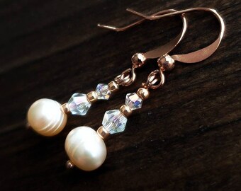 Pearl drop earrings rose gold, pearl bridesmaid earrings, wedding jewelry for brides, freshwater pearl earrings, jewelry gift for her