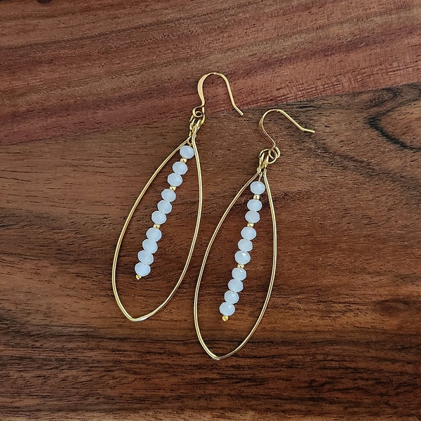 White Oval Hoop Dangle Earrings - Handmade Gold Plated Neutral Accessories - Trendy Simple Aesthetic Jewelry for Everyday Wear