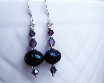 Black pearl earrings, baroque freshwater pearl dangle earrings, unique black pearl earrings Iridescent purple, gift for her, girlfriend gift