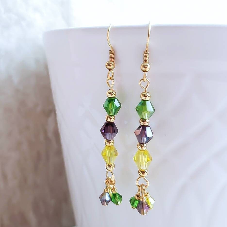 Colorful Mardi Gras Bottle Cap Dangle Earrings - Green Metallic Flattened Cap Design