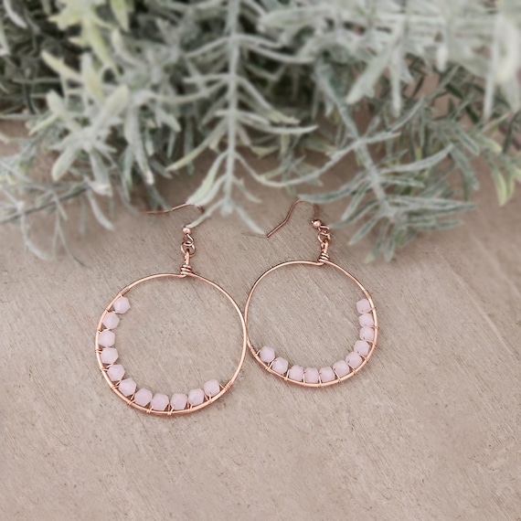 Handmade Wire Wrapped Pink Glass Beaded Hoop Earrings Rose Gold