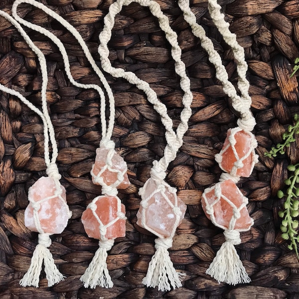 Macramé rear view mirror hanger himalayan salt rock | car accessory hanger
