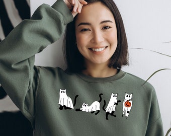 Ghost Cats Halloween Sweatshirt, Funny Halloween Cat Shirt, Cat Lover Tee, Halloween Gifts for Cat Mom, Spooky Season Cat Shirt