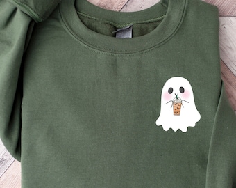 Halloween Pocket Size Ghost Shirt, Little Ghost Coffee Tee,Ghost Pocket Tee, Spooky Season, Halloween Shirt, Cute Ghost Drinking Coffee