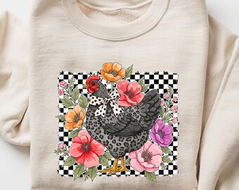 Checkered Flower Chicken Shirt, Women Chicken Sweatshirt, Wildflower Chicken Tee, Ladies Chicken Lover Shirt, Cottagecore Shirt