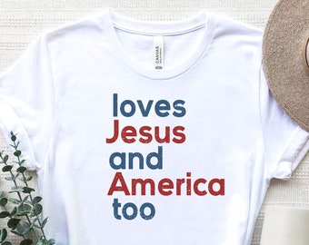Camiseta "Ama a Jesús y a Estados Unidos también", camiseta cristiana patriótica, regalo del Día de la Independencia, camiseta de EE. UU., camiseta roja, blanca y azul, Dios bendiga a Estados Unidos