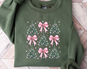 Coquette Bow Christmas Sweatshirt, Christmas Tree Shirt, Christmas Sweatshirt, Girly Christmas Sweater, Coquette Bow Sweater