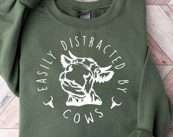 Easily Distracted By Cows Shirt,Cow Sweatshirt,Aesthetic Sweater,Funny Cow Shirt,Farm Love Shirts,Farm Animal Tshirt,Humorous Saying Sweater