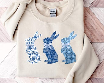 Blue Floral Toile Easter Bunny, Coquette Bow Easter Bunny, Floral Bunny Shirt, Cute Easter Shirt for Women, Easter Crewneck, Easter Gift