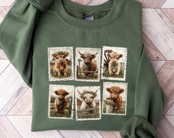 Highland Cow Stamps Sweatshirt, Farm Animals Crewneck, Western Style Shirt