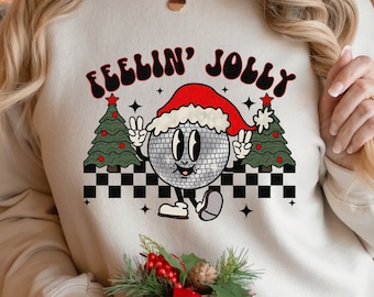 Sudadera navideña para mujer, suéter navideño, suéteres navideños para mujer, sudadera Feeling Jolly, sudadera de invierno, cuello redondo navideño