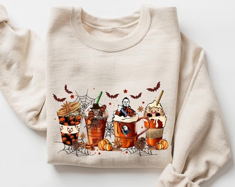 Horror Coffee Cups Sweatshirt, Skeleton Coffee Cups Sweatshirt, Skeleton Halloween Sweatshirt, Coffee Lover Sweatshirt