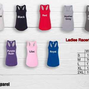 May include: A collection of women's racerback tank tops in various colors, including white, black, red, heather grey, dark grey, navy, purple rush, lilac, and royal. The image also includes a size chart with measurements in inches.