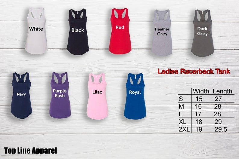 May include: A collection of women's racerback tank tops in various colors, including white, black, red, heather grey, dark grey, navy, purple rush, lilac, and royal. The image also includes a size chart with measurements in inches.