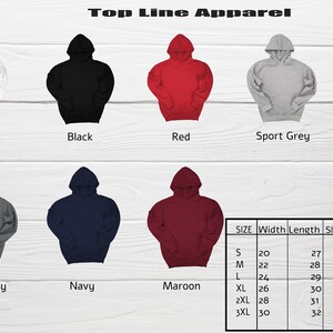 May include: A size chart for hoodies in various colors, including white, black, red, sport grey, pink, dark grey, navy, and maroon. The chart shows the width, length, sleeve, and center back measurements for sizes S, M, L, XL, 2XL, and 3XL.