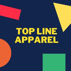 May include: A dark blue background with the text "TOP LINE APPAREL" in yellow. There are geometric shapes in red, orange, yellow, and green.
