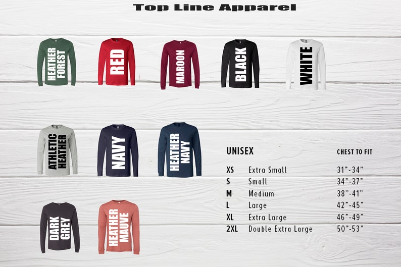 May include: Assortment of long-sleeve shirts in various colors, including red, black, and navy. Each shirt displays a color name in bold white text. The image also includes a size chart for unisex shirts, with chest measurements in inches.