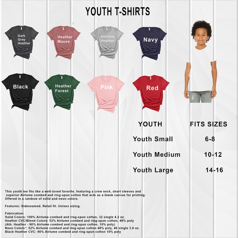 May include: Youth t-shirts in a variety of colours, including dark grey heather, heather mauve, athletic heather, navy, black, heather forest, pink, and red. The t-shirts are shown on a white background with a size chart for youth small, medium, and large. The size chart shows the corresponding age range for each size.