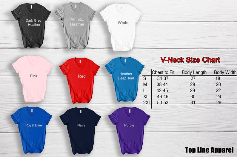 May include: A variety of V-neck t-shirts in different colors, including dark grey, athletic heather, white, pink, red, heather deep teal, royal blue, navy, and purple. A size chart is also included.