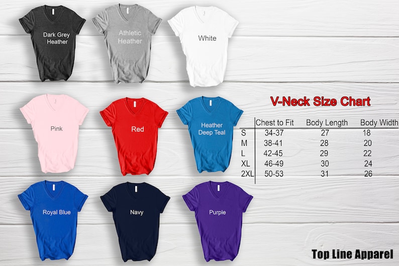 May include: V-neck t-shirt size chart with measurements in inches. The chart shows different colors of t-shirts, including dark grey heather, athletic heather, white, pink, red, heather deep teal, royal blue, navy, and purple.
