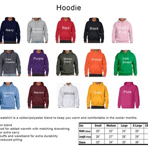 May include: A chart showing different color options for a hooded sweatshirt. The sweatshirt is 8 ounces and made of a poly/cotton blend. The chart shows the size chart for the sweatshirt in inches. The sweatshirt has a double-lined hood, a pouch pocket, double-needle cuffs and waistband, and a softer feel.
