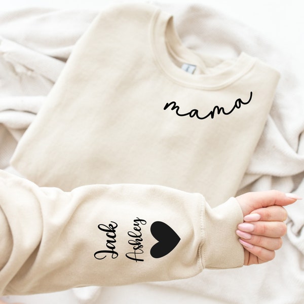 Personalized Mama Sweatshirt with Kid Names on Sleeve, Mothers Day Gift, Birthday Gift for Mom, New Mom Gift, Minimalist Cool Mom Sweater