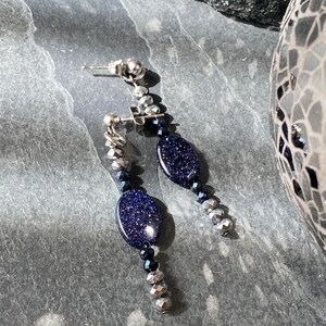 Blue sandstone dangle earrings with glass bead accent