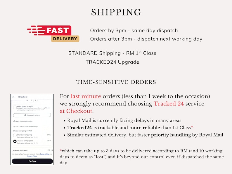 Op de afbeelding: Afbeelding met verzendinformatie. Bevat een "FAST DELIVERY" afbeelding. Tekst legt dezelfde dag verzending uit voor bestellingen v&oacute;&oacute;r 15:00 uur en beveelt Tracked 24 aan voor dringende bestellingen.