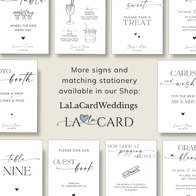 May include: A collection of white rectangular wedding signs with black text and minimalist line drawings. The signs feature various event themes including a photo booth, guest book, and drink menus, all displaying the shop name LaLaCardWeddings.