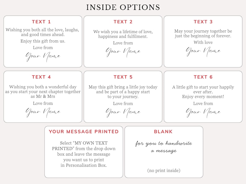Op de afbeelding: Afbeelding met opties voor gepersonaliseerde berichten. Tekstopties omvatten wensen voor liefde, geluk en een vreugdevolle reis. Er is ook een optie om "MY OWN TEXT PRINTED" te selecteren of een blanco ruimte voor een handgeschreven bericht.
