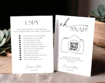 I spy Wedding Game with QR Code, Photo Scavenger Hunt, Snap Photo Sharing Sign, Personalised Wedding Pictures Album, 2 in 1 sign