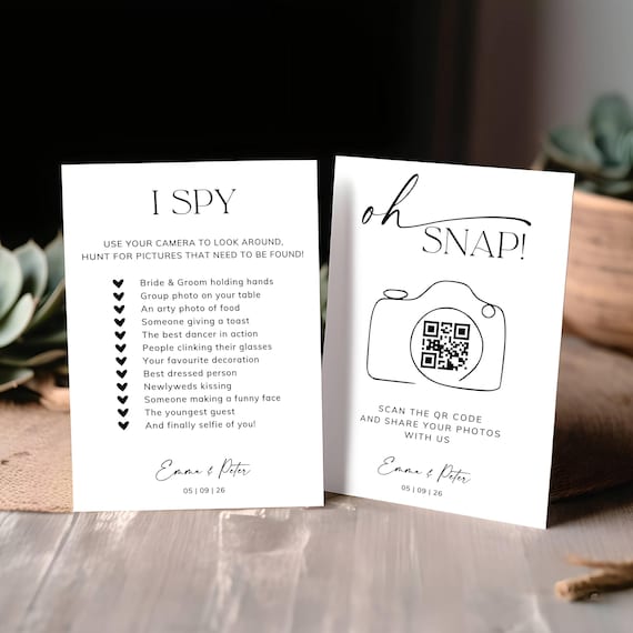 I spy Wedding Game with QR Code, Photo Scavenger Hunt, Snap Photo Sharing Sign, Personalised Wedding Pictures Album, 2 in 1 sign
