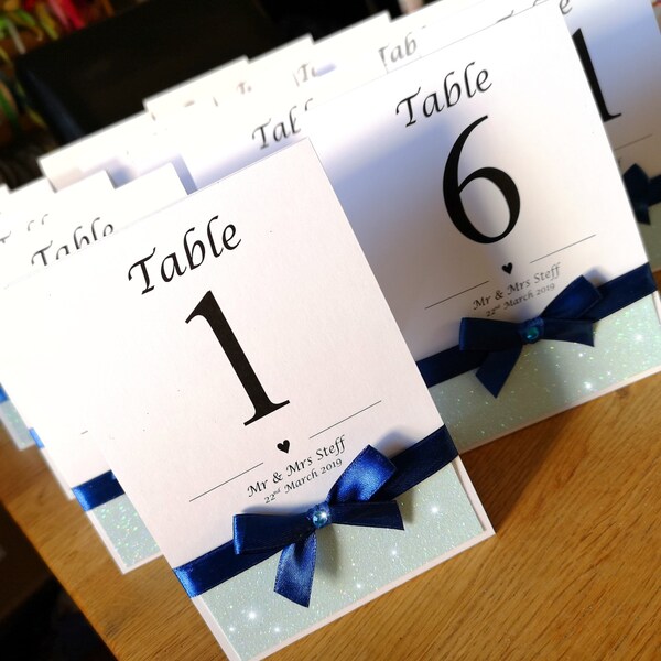 Wedding Table Numbers, Table Names, Freestanding, Custom theme colour, Personalised, glam, glitter, bow, double sided, tent folded / flat