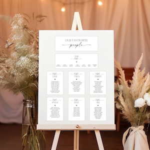May include: A white wedding seating chart on an easel. The chart features the text "Our Favourite People" and "Top Table", with guest names listed under each table number. The design is minimalist with black text on a white background.