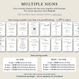 Puede incluir: Una colecci&oacute;n de carteles de boda rectangulares blancos con texto negro e ilustraciones de l&iacute;neas. Los carteles presentan varios temas, incluyendo fotomat&oacute;n, libro de visitas y tarjetas y deseos. La imagen incluye texto detallando tama&ntilde;os A5 y A4.