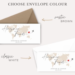 May include: Two rectangular cards with the text "Honeymoon Funds" and a world map design, with a red heart and airplane graphic. One card is in a rustic brown envelope, the other in a classic white envelope. Text includes names and a date.