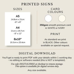 May include: An informational graphic titled PRINTED SIGNS listing sizes A5 (14.8cm x 21cm, 6in x 8in), A4 (21cm x 29.7cm, 8in x 12in), and 8x10in (20.3cm x 25.4cm). It specifies 350gsm white or ivory card, black print, and digital download options.