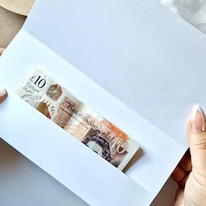 May include: A white envelope holds a British ten-pound note. The note is visible through a rectangular opening, displaying the text "&pound;10" and "Bank of England". The envelope is held open by two hands.