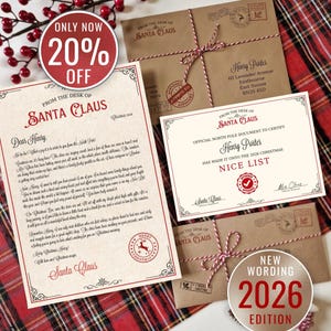 May include: A Santa Claus letter and Nice List certificate set on kraft paper with red text and decorative borders. Includes two brown envelopes tied with red and white twine, featuring North Pole postmarks and Santa Claus stamps.