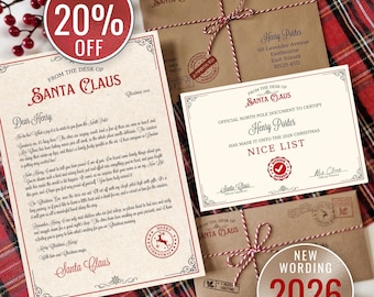 May include: A Santa Claus letter and Nice List certificate set on kraft paper with red text and decorative borders. Includes two brown envelopes tied with red and white twine, featuring North Pole postmarks and Santa Claus stamps.