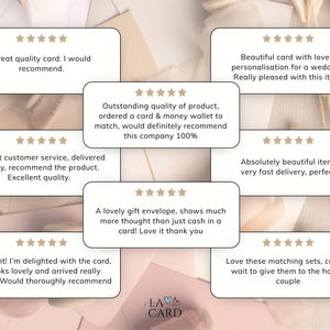 May include: A collection of customer reviews on cards and matching sets. The reviews are displayed on white rectangular cards with rounded corners, each featuring a five-star rating. The background is a soft, neutral color.