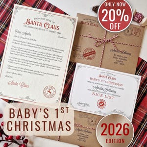 May include: A set of stationery from Santa Claus including a letter, a certificate, and envelopes. The letter is addressed to Amelia, celebrating a first Christmas. The certificate confirms placement on the Nice List. Red and white twine is used.