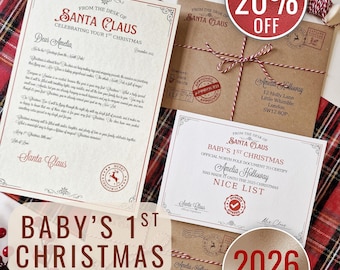 Puede incluir: Un juego de papelería de Santa Claus que incluye una carta, un certificado y sobres. La carta está dirigida a Amelia para celebrar su primera Navidad. El certificado confirma su inclusión en la lista de los niños buenos. Cordel rojo y blanco.